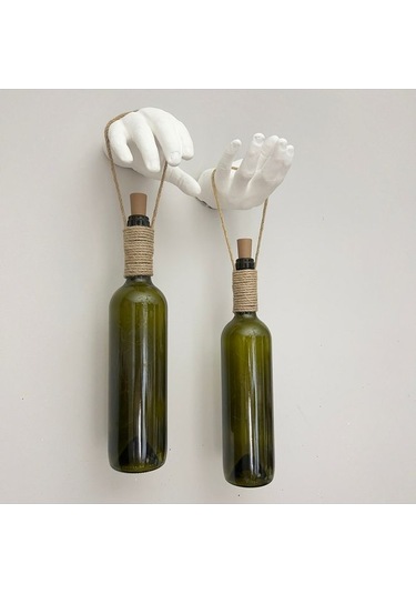 El Yapımı Heykel El Dekorlu Led Işıklı Yeşil Şarap Şişesi Aplik 2 Çok Renkli