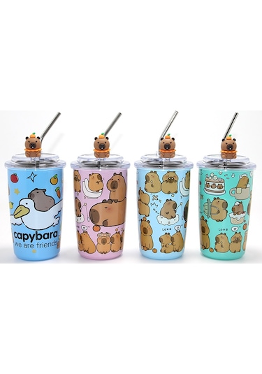River World Deseni Capybara Olan Pipetli Çelik Isı Muhafazalı Kupa Çok Renkli