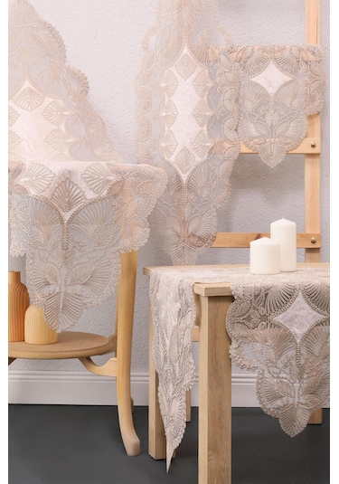 Avangart Kadife Fransız Güpürlü 5 Parça Salon Takımı - Vizon