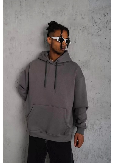 Erkek Düz Kapüşonlu Sweat - Gri Gri