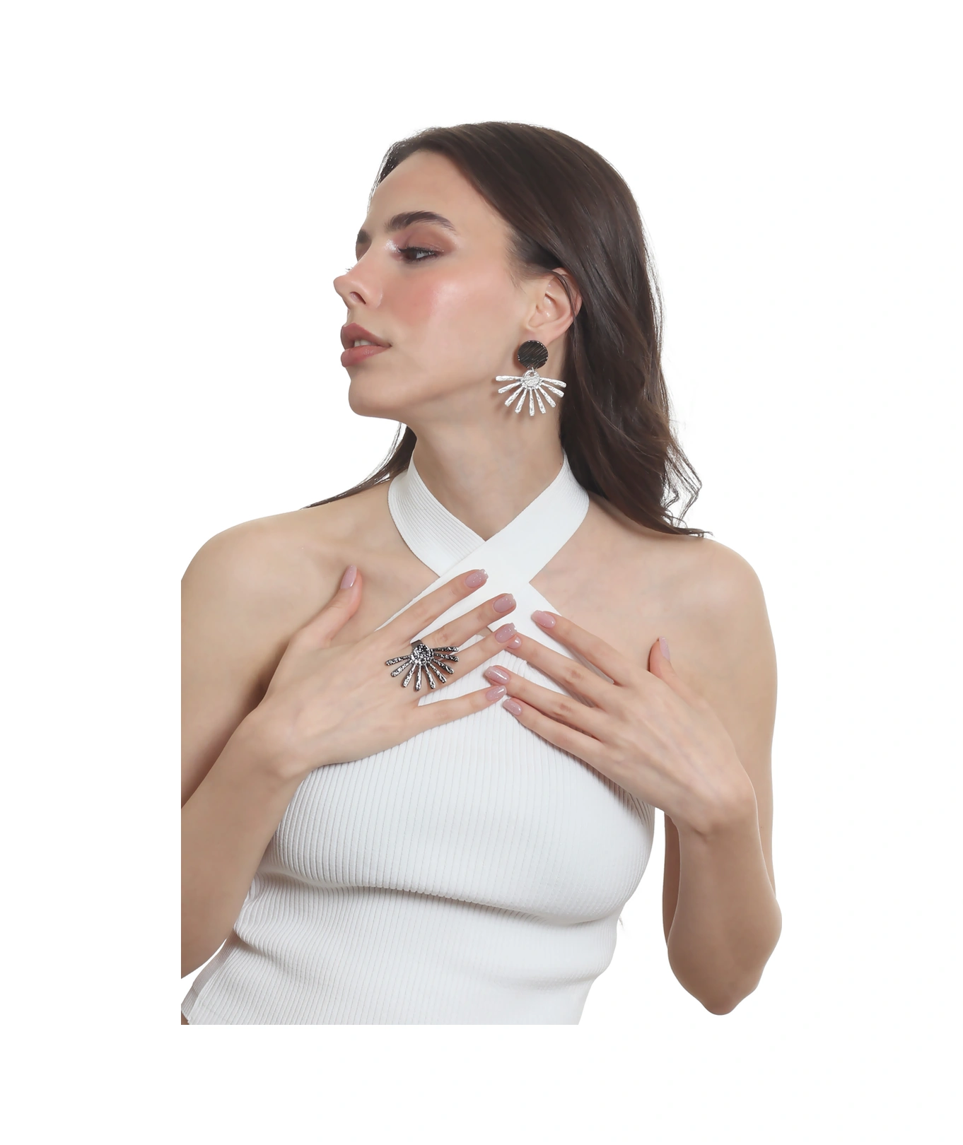 Labalaba Kadın Çivili Model Güneş Küpe & Yüzük Seti Çok Renkli