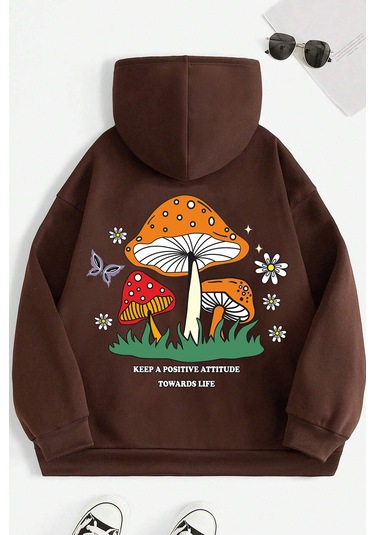 Unisex Mantar Baskılı Oversize Sweatshirt Kahverengi