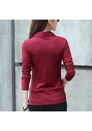 Düğme T Gömlek Kadın Sonbahar Üstleri Dönüş Yaka Ince Pamuklu Tişört Kadın Uzun Kollu Kadın Giysileri Tee Gömlek Femme Kırmızı