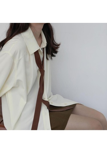 Gri Sonbahar Minimalist Uzun Kollu Düğme Yukarı Gömlek Kadın Kore Tarzı Katı Kravat Büyük Boy Gömlek Bluz Gevşek Elbise Tops Gri