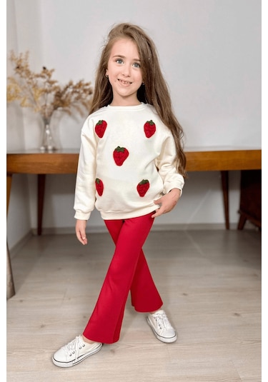 3-10 Yaş Çilek Nakışlı Kız Çocuk Eşofman Takımı Krem Krem