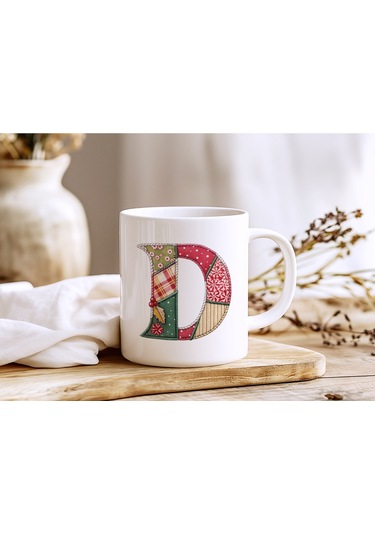 D Harfi Yılbaşı Temalı Kupa Bardak - Yeni Yıl Konsept Yamalı Efekt Tasarım - Noel Hediye Beyaz