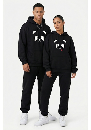Nevermind Unisex Sevgili Çift Kombini Oversize Panda Baskılı Çift Hoodie Siyah