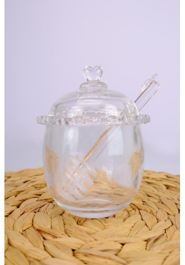 Digithome Kalp Boncuklu Cam Kaşıklı Şekerlik Bal Kavanozu - Sur-27 C320.049