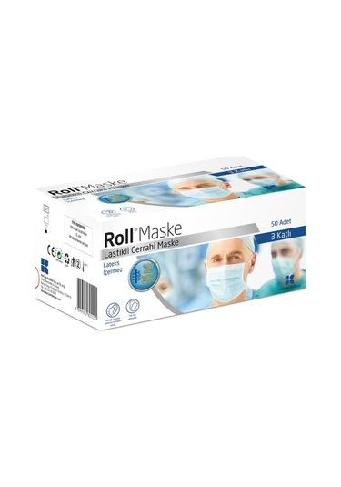 Roll Lastikli Cerrahi Maske 50 Adet 3 Katlı