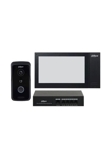 Dahua Ktp02 Kablolu Cat6 7 Tft Ekran Ve Kapı Paneli + 4 Port Switch Siyah Ip Villa Interkom Set
