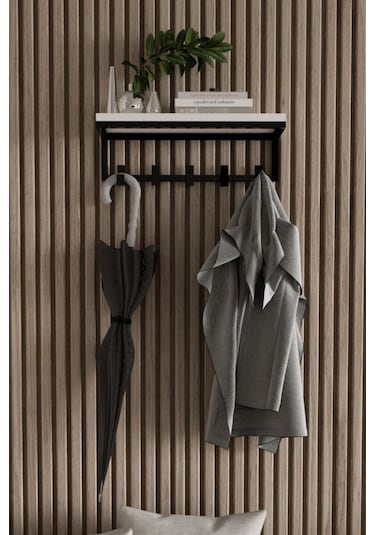 Aju Modern Portmanto Duvar Tipi Askılık Ve Raf Ceket Şemsiye Çanta Havlu Elbise Posta Hol Koridor Askısı Siyah