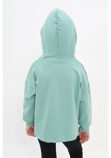 Toontoy Kız Çocuk Relax Fit Kapüşonlu Düşük Omuz Baskılı Sweatshirt - 2 İplik Yeşil
