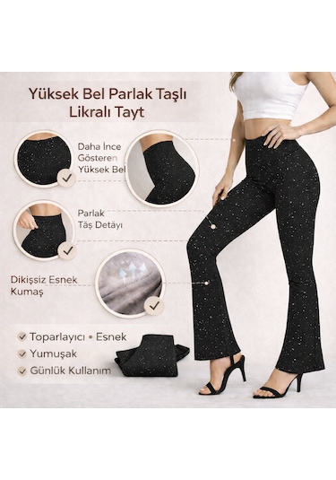 Enva Store Taşlı Tayt İspanyol Paça Likralı Siyah