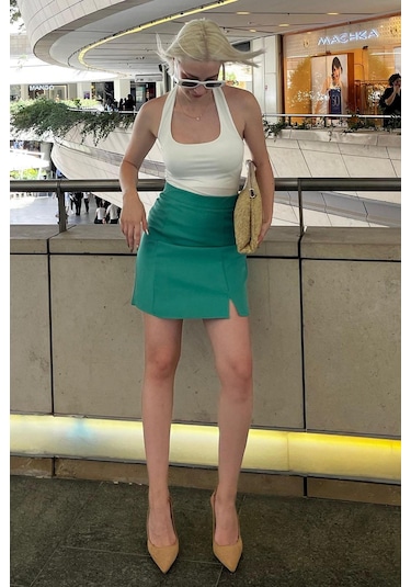Madmext Yeşil Yüksek Bel Önden Yırtmaçlı Kısa Etek Mg2086 Yeşil