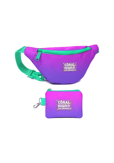 Coral High Kız Çocuk Pembe Mor Renk Geçişli Desenli Bel Çantası Ve Bozuk Para Cüzdanı Set Çok Renkli