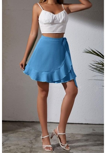 Yaz Kravat Yüksek Bel Düz Renk Fırfırlı Kısa Yarım Vücut Etek Yeşil