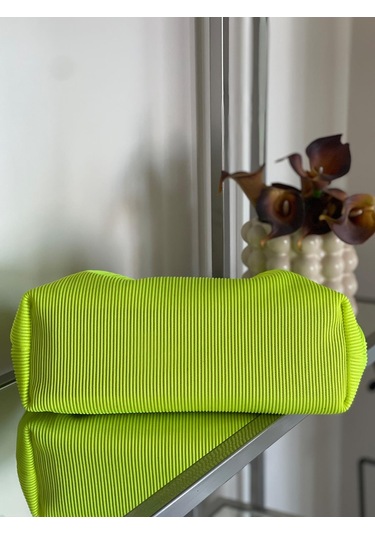 Neon Sarı, Piliseli Çizgi Detaylı El Çantası Sarı