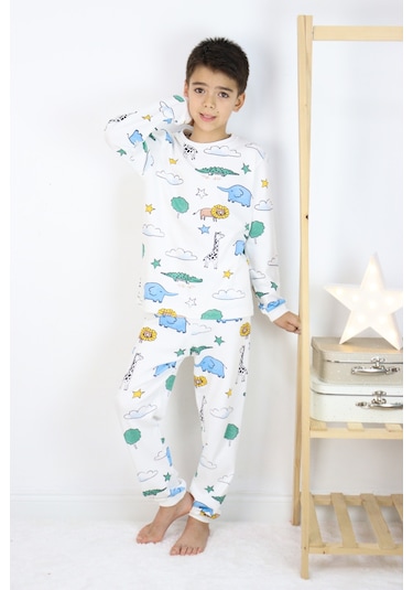 Erkek Çocuk Baskılı İnterlok Kumaş Uzun Kollu Pijama Takımı Beyaz