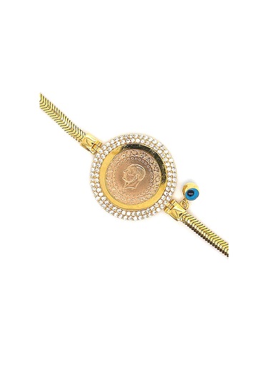 Zümrüt Sarraf 14 Ayar Altın Çift Sıra Taşlı Çerçeveli Çeyrekli Kadın Bileklik