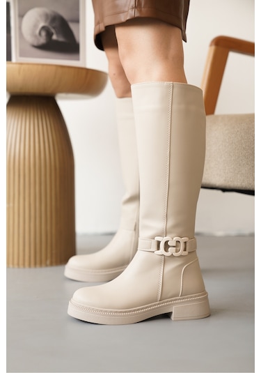 D942 Soğuk Geçirmez Kışlık Kadın Çizme Bej