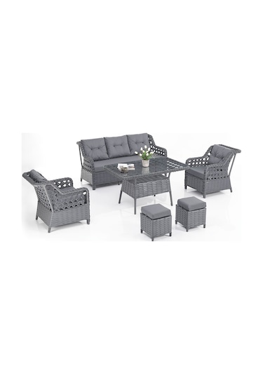 Evdemo Eren Rattan Puflu Bahçe Balkon Takımı 3+1+1 Antrasit