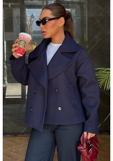 Lacivert Kısa Kaşe Kadın Kaban Mg2544 Lacivert