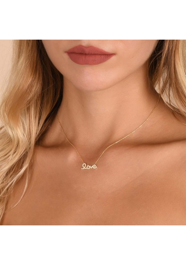 Zirkon Taşlı Pırlanta Montür Altın Kaplama Love Gümüş Kolye