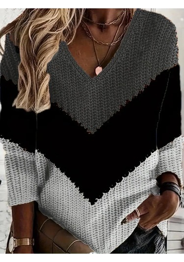 Kadın Uzun Kollu V Yakalı Triko Bluz Antrasit Melanj