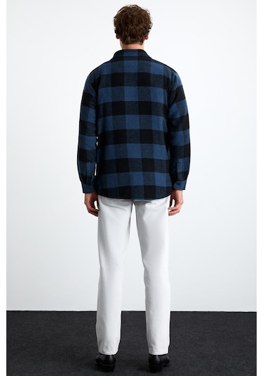 Wıldy  Erkek Pamuk-polyester Gömlek Yaka Relaxed Oduncu Mavi Gömlek