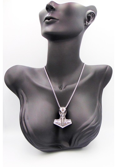 Unisex Gümüş Renk 3d Thor Çekiçi Uçlu Paslanmaz Çelik Kolye 70cm Gümüş