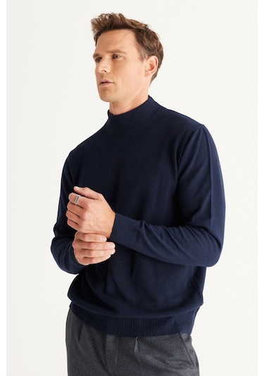 Altinyildiz Classics Erkek Lacivert Standart Fit Normal Kesim Yarım Balıkçı Yaka Pamuklu Triko 4A4921100008LACS Lacivert