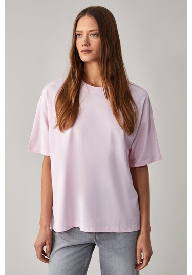 LAGERTHA Kadın %100 organik Pamuklu Kalın Dokulu Oversize Fit Yuvarlak Yakalı Açık Pembe T-Shirt