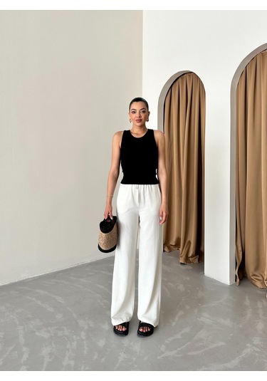 Taş Beli Lastikli Pamuklu Keten Pantolon Taş