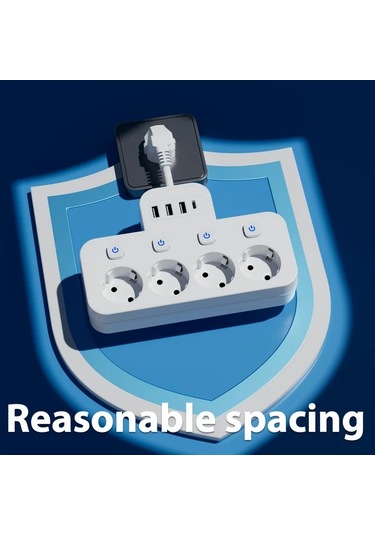 Xuweiwei 8li Avrupa Standart Güç Şeridi Siyah Aşırı Yük Korumalı 4 Ac Çıkış 3 Usb Port Duvara Monte Şarj İstasyonu Ev Ofis Seyahat İçin