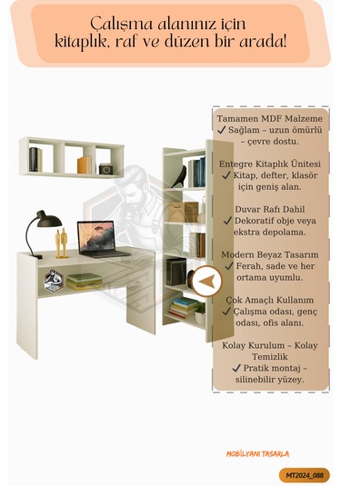Tamamı Mdf Kitaplıklı Duvar Raflı Çalışma Odası Seti