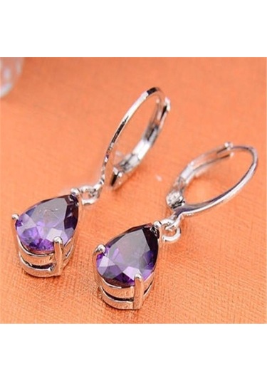 Mor Kadın Gözyaşı Şekli 925 Ayar Gümüş Ametist Dangle Küpe