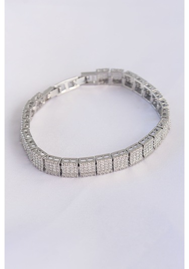 Ezoconcept Vip Seri Pirinç Zirkon Taşlı Gümüş Renk Kare Su Yolu Model Bileklik