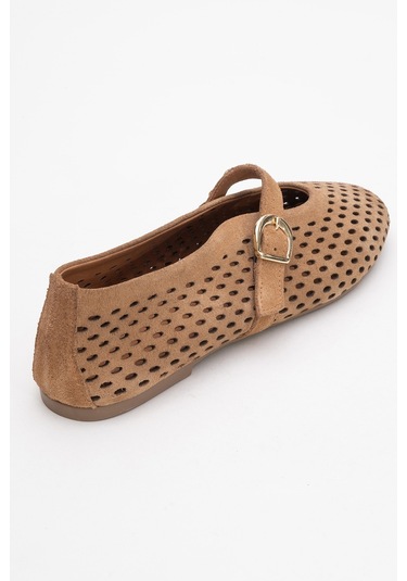 Arian Toprak Süet Hakiki Deri Delikli Kadın Babet Ayakkabı Toprak