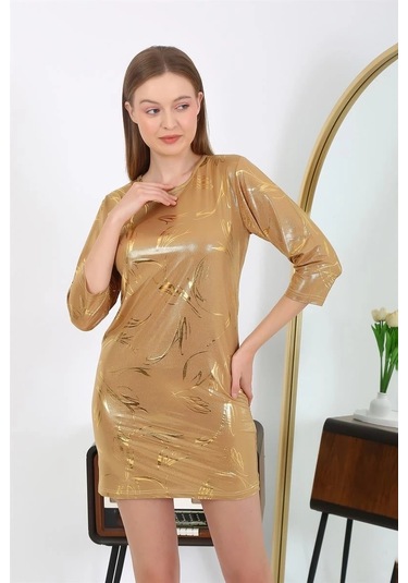 Giyim Kadın Micro Kumaş Mini Parlak Elbise Sarı Sarı