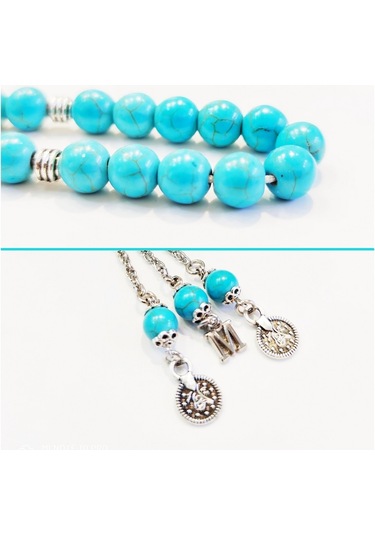 İsimli - Kişiye Özel - Turkuaz / Firuze Doğaltaş Tesbih - 8 Mm