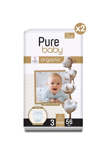 Pure Baby Organik Pamuklu Cırtlı Bez 2'li Paket 3 Numara Midi 112 Adet 2'li