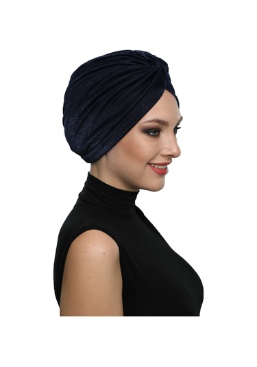 Simli Pike Çapraz Bantlı Astarlı Lacivert Hazır Türban Tesettür Bone Abiye Lacivert