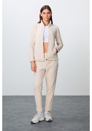 Tommy Life Bej Kalın Yumuşak Dokulu Dik Yaka Oversize Nakışlı Polar Kadın Eşofman Takım -95339 Bej