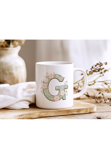 G Harfli Çiçek Desenli Kupa Bardak - Ekose Desenli Yeşil Pembe Desenli Tasarım - Kişiye Özel Hediye Beyaz