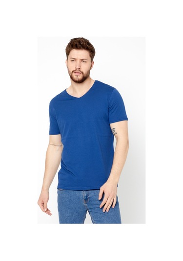 Comeor Erkek Mavi Basıc Slim Fit Pamuklu Kısa Kollu V Yaka T-Shir