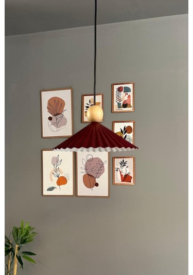 Avilla Vişne Çürüğü Tekli Metal Avize Ahşap Boncuk Başlık Rustik Cafe Modern Sarkıt Aydınlatma Bordo