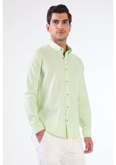 Açık Yeşil Erkek Slim Fit Düz Brent Düğmeli Yaka Uzun Kol Gömlek - 102474 Açık Yeşil