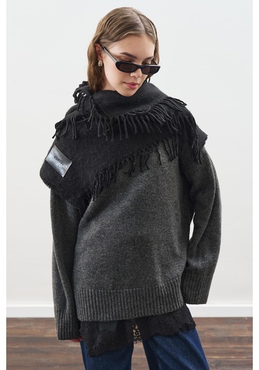 Püsküllü Atkı Siyah Siyah