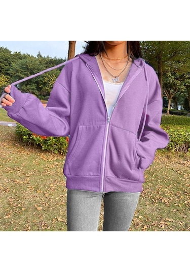 Mor Kazak Hoodie Büyük Boy Kapşonlu Hırka Tişörtü Gri Kadın Giyim Katı Fermuarlı Kapüşonlular Sonbahar Kadın Uzun Kollu Tops Mor