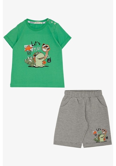Breeze Erkek Çocuk Şortlu Takım Oyun Zamanı Mutlu Hayvancıklar Baskılı 1-4 Yaş, Yeşil-yeşil Yeşil